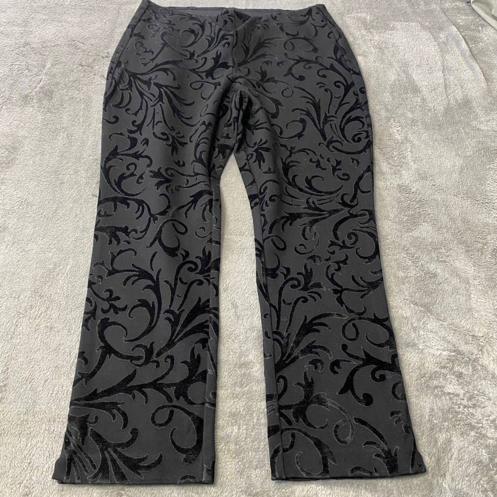 Chico's Dress Pants Women 2 or US 12 Black Flocked Velvet Damask Scroll Spandex